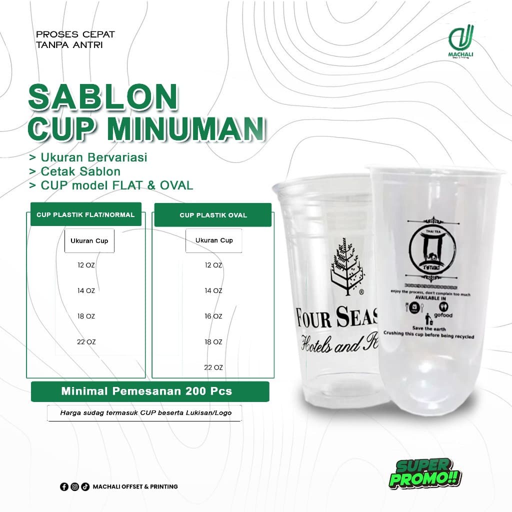 Sablon Cup 12oz 14oz 16oz 18oz 22oz FLAT/oval U HOK